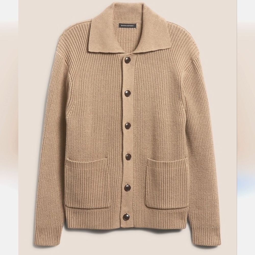 Banana Republic Dante Ribbed Chunky Knit Collar Cardigan Khaki Tan Size L